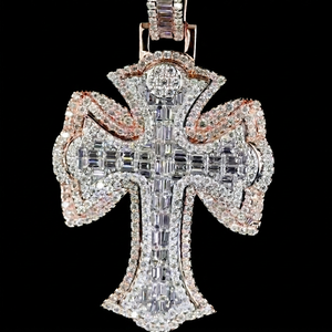 Modern Silver Plated Tin Alloy Cross Pendant AAA Radiant Cut Diamonds Channel Set Hip Hop Religious Charm Unisex Wedding IGI - Product Image 1