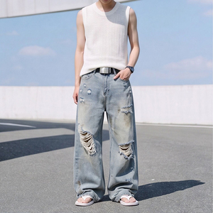 <span class=keywords><strong>Jean</strong></span> droit bleu <span class=keywords><strong>d</strong></span>élavé et usé pour homme – Design cool et stylé, polyvalent et confortable, coupe large, longueur cheville - Product Image 2