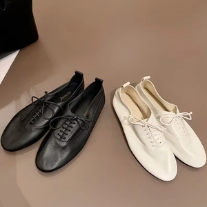 <span class=keywords><strong>Zapatos</strong></span> Planos Casuales de <span class=keywords><strong>Mujer</strong></span>, Estilo Extremadamente Simple, en Blanco y Negro, de Cuero Suave, con Cordones, Punta Redonda, Cómodos para Viajes Diarios - Product Image 1