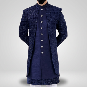 NAVY BLUE DESIGNER INDO WESTERN SHERWANI,SHRUG and <b>PANT</b> GROOM WITH EMBELLISHED DABKA,STONE WORK for WEDDING/PARTY-WEAR=2024 - Product Image 3