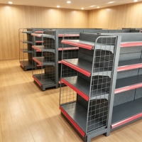 Supermarkt schappen, winkelrekken, meerlaags schappen, gondola's voor chocolade