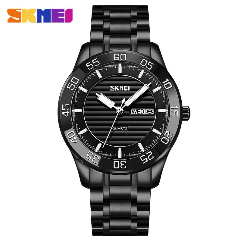 SKMEI Factory Stainless Steel Band Men Watch High Quality Large Scale Dual Calendar Business Quartz Watch for Men