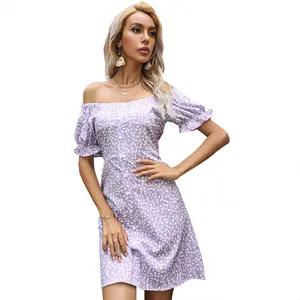 Women New Style Sexy Elegant Beautiful Polynesian Off The Shoulder Chiffon Floral Dress Square Neck Ruffled Horn Short Sleeve Dr