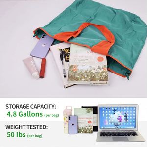 Large <b>Folding</b> Tote Bag Kitchen Foldable Pocket Grocery Bag Reusable Drawstring Nylon Shopping Bag - Product Image 5