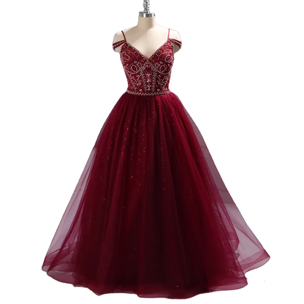 heavy embroidery beadings red tulle ball gown wedding dress