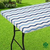 Nappe de table rectangulaire ajustée en PEVA à motif vague bleu marine, avec dos en flanelle, imperméable, bord élastique, pour camping et pique-nique en extérieur, facile à nettoyer, réutilisable