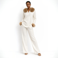 Ensemble décontracté deux pièces en laine anti-boulochage pour femme, collection automne-hiver, avec col et poignets en fourrure de renard véritable, coupe ample et unie