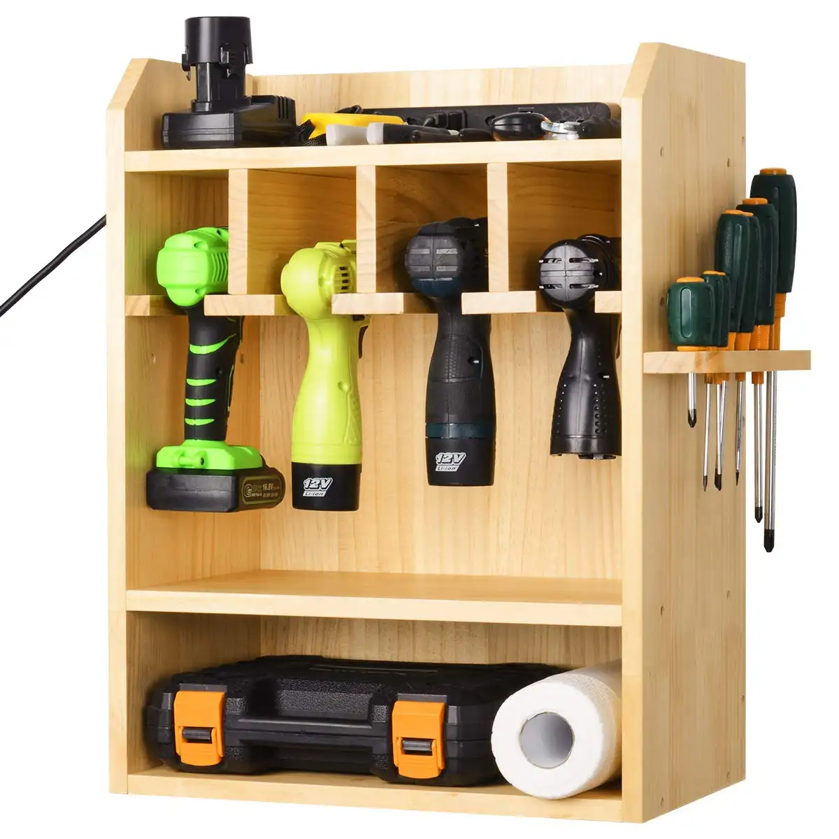 Wall Mount Power Tool Organizer with 4 Drill Hanging Slots Screwdriver Rack Wooden Tool Storage for Garage Workshop Warehouse