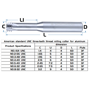 Bibo American Standard Unc Three-teeth Thread Milling Cutter Machining Center High Hard Steel Endmill for Aluminum No.1-64 Unc - Product Image 2