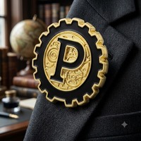 Épinglette personnalisée en émail sur le thème de l'industrie, style steampunk, mécanique, avec initiale P, en métal plaqué, pour logo d'entreprise technologique