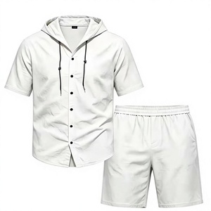 Men Breathable Knitted Solid Hooded Shirt Set Short Sleeve Button-Up Top Elastic Waist Shorts Casual Summer Outfit - Product Image 1