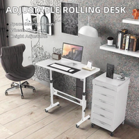 Bureau debout réglable en hauteur sur roulettes avec plateau en bois minimaliste, cadre métallique blanc, idéal pour bureau à domicile, dortoir ou chambre compacte