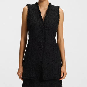 Chaleco de Tweed Negro con Dobladillo Deshilachado, Cuello en V y Botones Frontales, Sin Mangas - Elegante Chaleco para Combinar en Capas para Oficina y Uso en Todas las Estaciones - Product Image 2