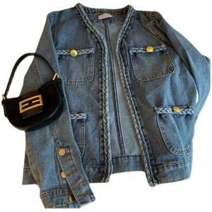 Cappotti da donna 2022 primavera autunno Casual <span class=keywords><strong>Cardigan</strong></span> Multi tasche manica lunga sfilacciati giacche in Denim <span class=keywords><strong>blu</strong></span> lavato - Product Image 1