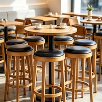 Tabouret de bar rond en bois et cuir PU pour usage commercial, idéal pour îlot de cuisine, petit-déjeuner, salle à manger, chaise de comptoir en bois