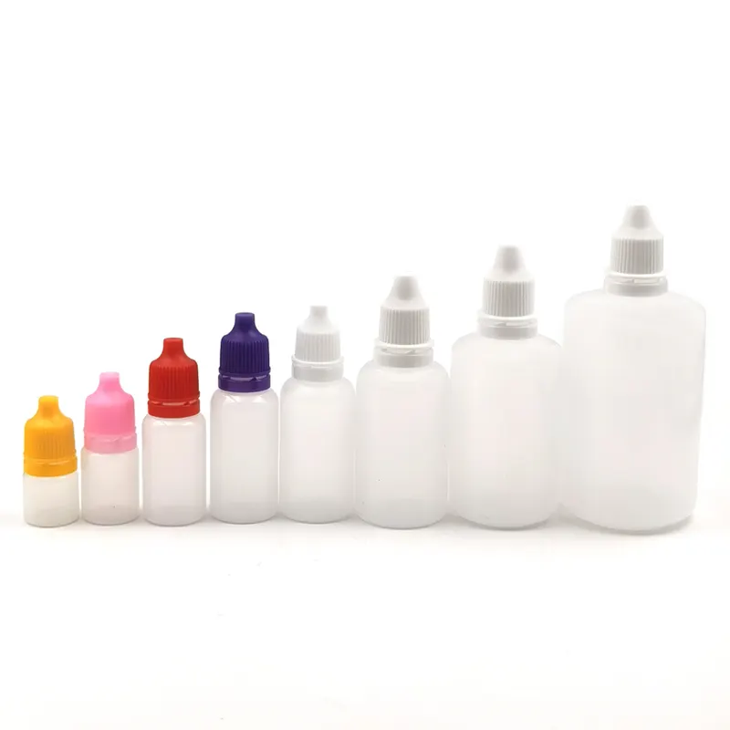 Toptan boş 10ml 15ml 20ml 30ml 5ml plastik damlalık şişe temizle PE göz damlası sıvı şişe renkli kapaklı
