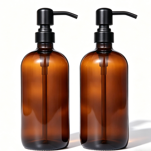 Distributeur de savon en verre ambré épais de 16 oz, forme <span class=keywords><strong>Boston</strong></span>, avec pompe en acier inoxydable noir mat - Product Image 1