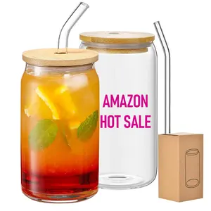 Samyo 16oz Clear Glassware Water coffee Tumbler drinking glasses cup Beer can shaped glass with Bamboo Lid and Straws