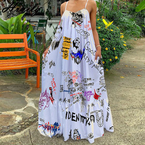 <b>Spaghetti</b> Strap Printed <b>Long</b> Dress Women Casual Vintage Maxi Dress Daily Wear Fashion Summer Dress - Product Image 1