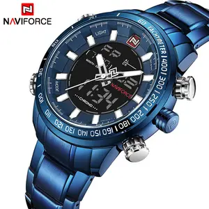 NAVIFORCE 9093奢侈品牌男士防水全钢手表男士石英LED数字时钟男运动Relogio Masculino