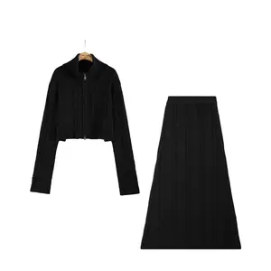 Mode Design Dames Gebreide Vest Pak Rits Katoenen En Polyester Gebreide Longuette En Top Tweedelige Trui Set Voor Dames