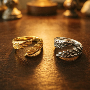 Bague ouverte Hiphop faite à la main en or rose et argent, style rétro gothique, ajustable, avec ailes d'ange, pour hommes et femmes - Product Image 4