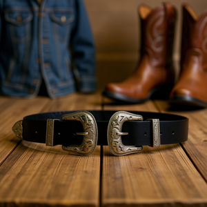 Cinturón de Cuero Genuino de 3.5x100cm con Doble Hebilla, Estilo Occidental, Accesorio de Moda - Product Image 2