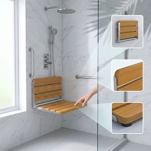 CAMEL Wall Mounted <b>Folding</b> Bathroom <b>Stool</b> 340x408x48mm Stainless Steel Oak With Handrails For <b>Showering</b> And Bathing - Product Image 5