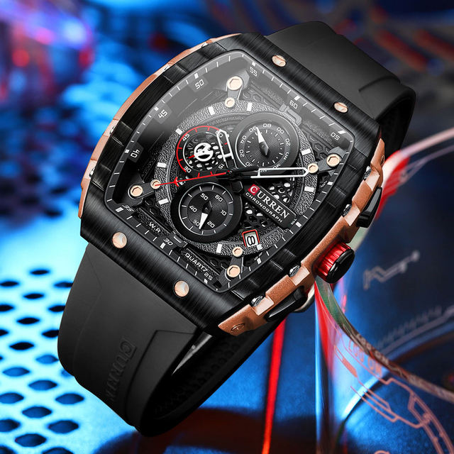 Curren 8442 Fashion Watch for Men Quartz Silicone Band Waterproof Luminous Calendar Unique Square Dial Casual Street Style Watch