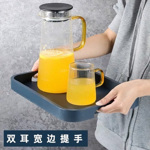 Bandeja rectangular de madera color Morandi con doble asa y borde ancho para servir té, café, agua, juego de vajilla para uso en la comedor. - Product Image 1