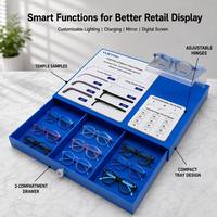 Présentoir de Comptoir Bleu Compact pour Lunettes Intelligentes pour Enfants, avec Tiroir à 3 Compartiments, Zone d'Échantillons de Branches et Charnières Réglables