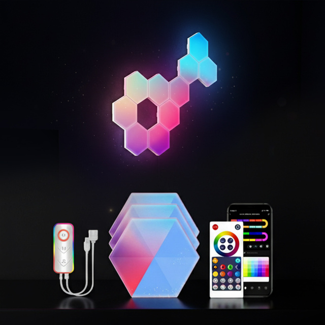 Dimmable RGBIC Smart Hexagon Wall Light Modular LED Panel Honeycomb Lamp for Gaming Room, Bedroom and Studio with Wifi App