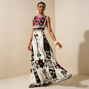 Elegante Vestido Largo Casual sin Mangas con Cintura Imperio, Estampado Floral y Patrón Geométrico para Uso Diario en Verano - Product Image 2