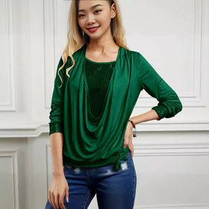 <span class=keywords><strong>Blusa</strong></span> da donna a maniche lunghe <span class=keywords><strong>con</strong></span> <span class=keywords><strong>paillettes</strong></span> transfrontaliere <span class=keywords><strong>con</strong></span> ampio risvolto e ampio Design a pieghe - Product Image 4