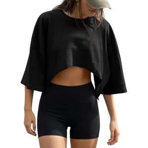 Womens Cropped Top Short Sleeve Drop Shoulder Loose Fit Lightweight Crop Top For Yoga Workout Casual Wear - Product Image 1