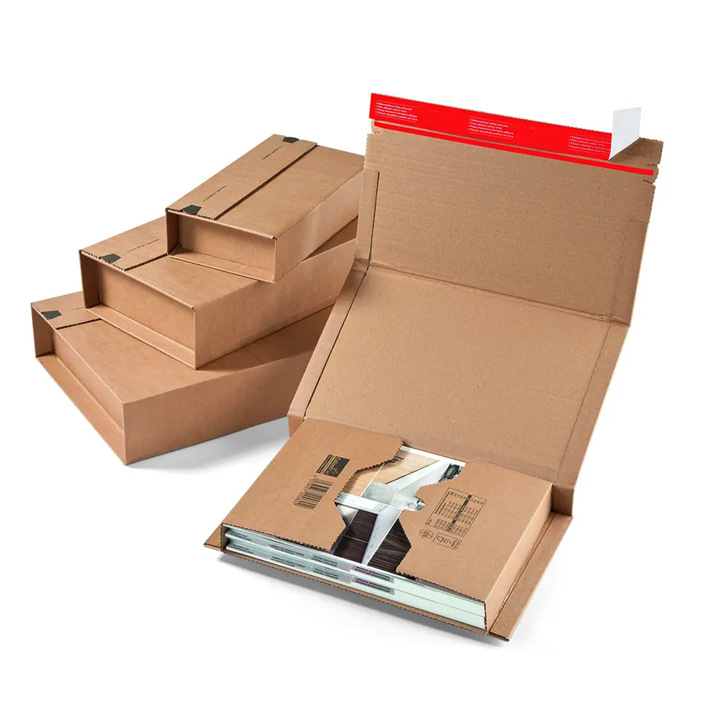 Emballage de CD recyclé, boîte d'expédition, envoi de livres en carton Kraft avec bande adhésive auto-adhésive et conception de bande de déchirure
