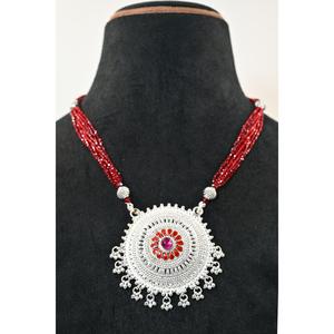 Vintage Ethnic <b>Silver</b> Plaster <b>Locket</b> Necklace Red Chain Flower Women's Engagement Anniversary Wedding Party Gift Statement - Product Image 1