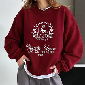 Sudadera con cuello redondo para mujer, estilo oversize, con estampado gráfico de escudo universitario, jersey de algodón grueso, color burdeos, para otoño - Product Image 2