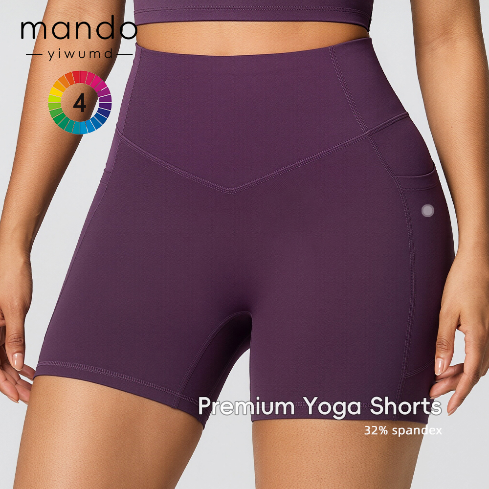 32% Spandex High Quality Nude Feel Compression Shorts Women's High Waist Dual Side Pockets Yoga Clothing