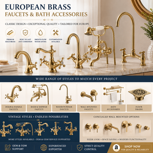 Robinet mitigeur de <span class=keywords><strong>baignoire</strong></span> et douche mural en laiton satiné, style téléphone antique à double poignée, avec douchette à main - Product Image 6