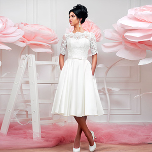 Abiti da sposa corti al ginocchio estate Vestido De Noiva Curto manica corta in raso di pizzo piccoli abiti bianchi con tasche Gelinlik - Product Image 1