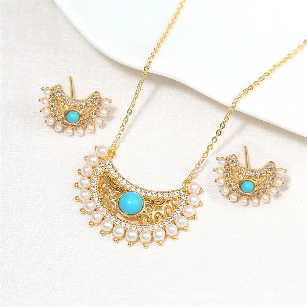 Retro Luna creciente diamante turquesa colgante collar pendientes conjunto de joyas para mujeres