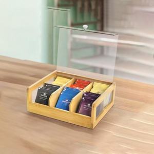 Bamboo Wood Tea Bag Storage Box With Compartments Flip Top Lid <b>Kitchen</b> Seasoning Holder Rectangle Shape - Product Image 1
