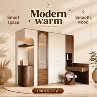 Armoire intégrée de luxe discrète avec niche d'exposition cintrée et coiffeuse flottante, meuble de chambre multifonctionnel