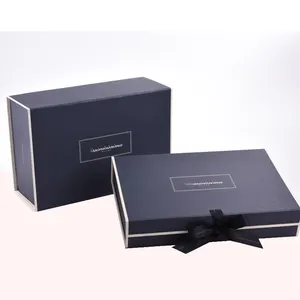 Black Refine Cardboard Wedding Custom Brand Flip Top Paper Gift Box Magnetic Flip Packaging Box With Black Ribbon