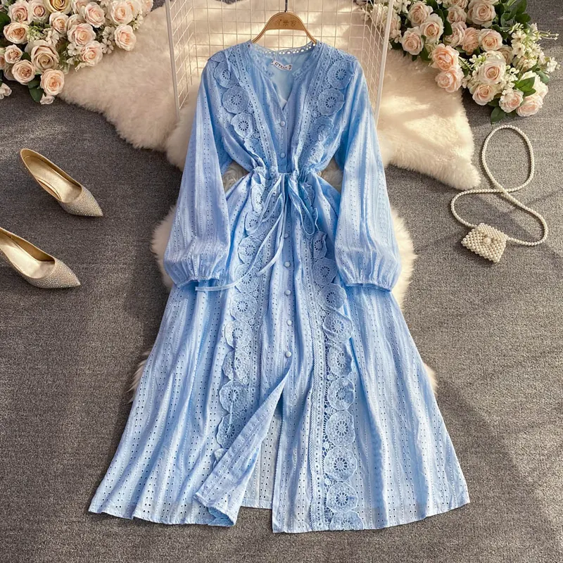LY571 New 2023 Korean Chic Elegant Design Slim Waist Lace Dress Women Long Sleeve Dresses Clothing 2