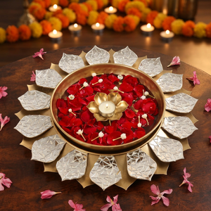 Metal Leaf Diya Urli Bowl With Crystal Decoration Tea Light Holder Urli Diwali and Other Candle Holders Lanterns for Home Decor - Product Image 4