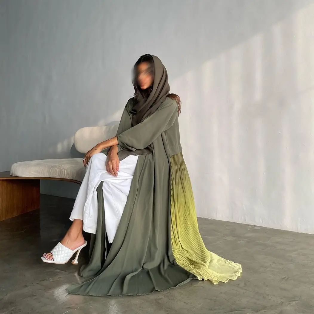 두바이 터키 새로운 일반 색상 의류 원피스 로브 이슬람 여성 넥타이 염색 그라데이션 쉬폰 주름 아바야 전면 오픈 카디건 카프탄