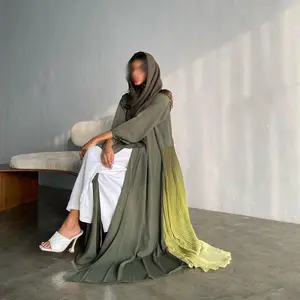 Dubai Turquia novo vestido de cor lisa para mulheres muçulmanas, roupão de chiffon plissado com gradiente e abaya frontal aberto, kaftan