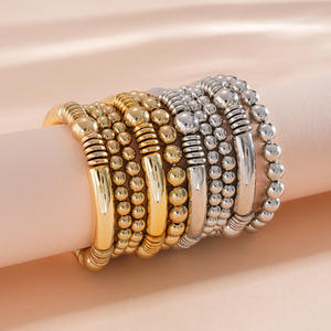 Juego de 5 Pulseras Elásticas con Cuentas Redondas para Mujer, Textura Metálica, Accesorios de Mano Elegantes, Pulseras Apilables a la Moda - Product Image 2